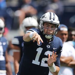 BYU QB Tanner Mangum throws before the game in Provo on Saturday, Aug. 26, 2017.