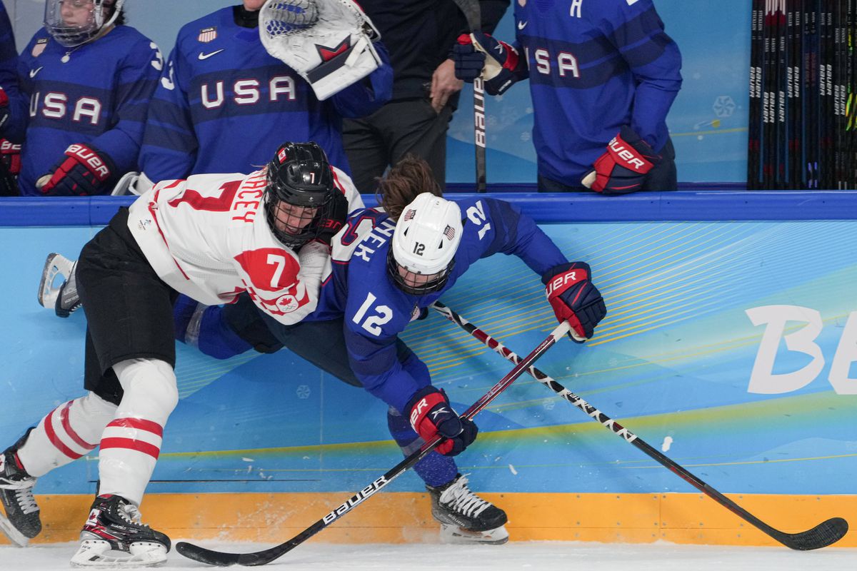 Laura Stacey L of Canada vies with Kelly Pannek of the United States during the ice hockey women’s preliminary round group A match between Canada and the United States at Wukesong Sports Centre in Beijing, capital of China, Feb. 8, 2022.