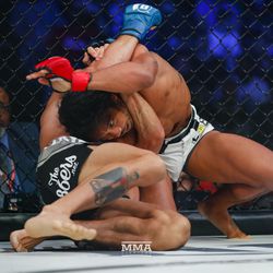 Benson Henderson scrambles with Saad Awad at Bellator 208 at the Nassau Coliseum in Uniondale, N.Y.