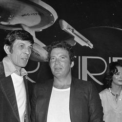 William Shatner, as Capt. Jams Kirk (right) and his first officer Leonard Nimoy, as Mr. Spock, will once again command the star ship U.S.S. Enterprise in a major movie film it was announced on Tuesday, March 28, 1978 in Los Angels at a Paramount Studio press conference. 