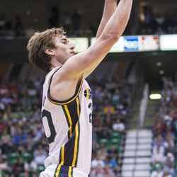 Utah's Gordon Hayward drops in a 3-point shot as the Utah Jazz and the New Orleans Hornets play Friday, April 5, 2013 at EnergySolutions Arena in Salt Lake City. Utah won 95-83.