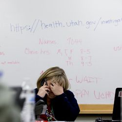 Melissa Sandgren, a registered nurse, answers a call at the Utah County Health Department's offices in Provo on Wednesday, Jan. 10, 2018, concerning a hepatitis A outbreak. As of Monday, there have been 133 confirmed cases of hepatitis A in Utah during the current outbreak, according to the Utah Department of Health.