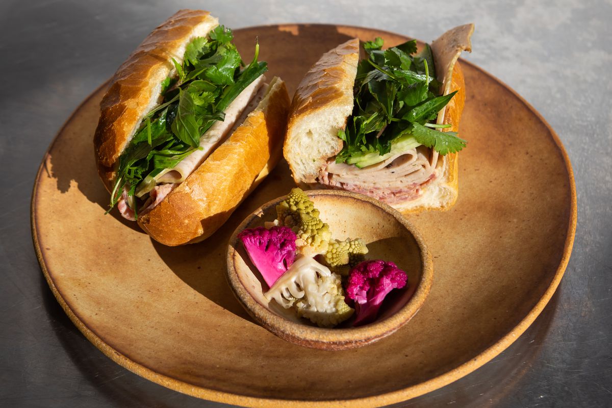 The CP’S No. 3 on a baguette, with pate, pork cha, chicken liver pate, shallot mayo, cucumber, and jalapeno.