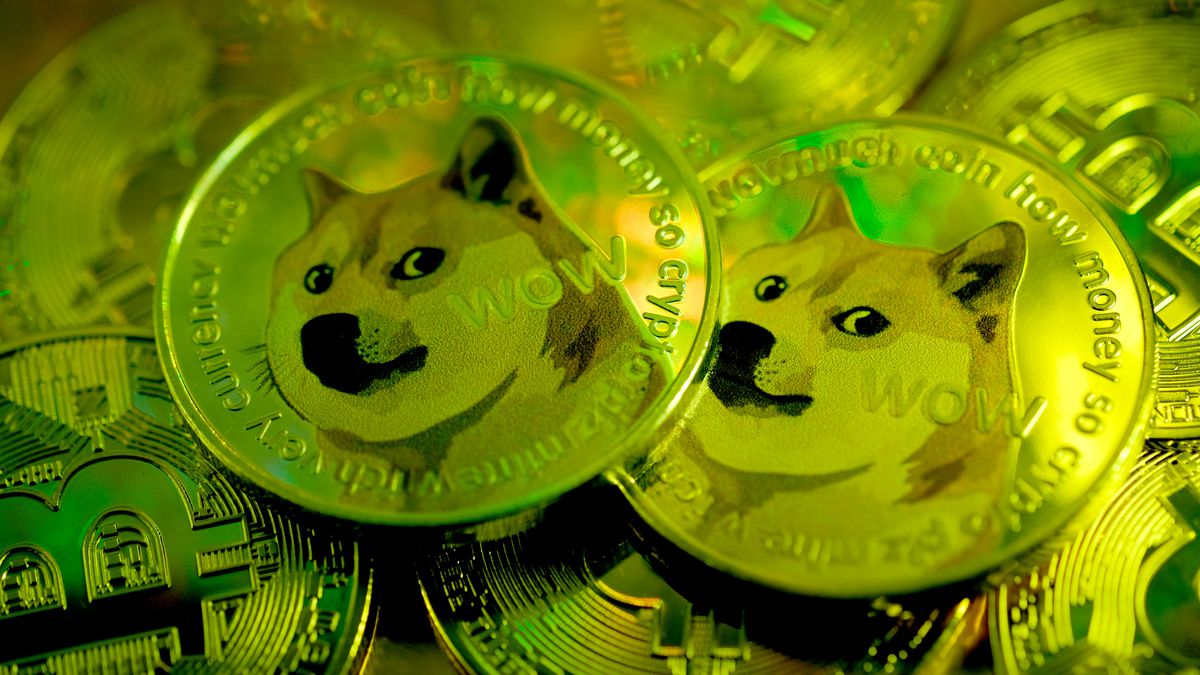 A pile of coins with a Shiba Inu dog on them.