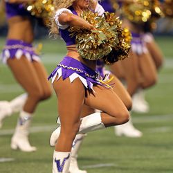 Aug 9, 2013; Minneapolis, MN, USA; Minnesota Vikings dancer performs during the second quarter against the Houston Texans at the Metrodome. 