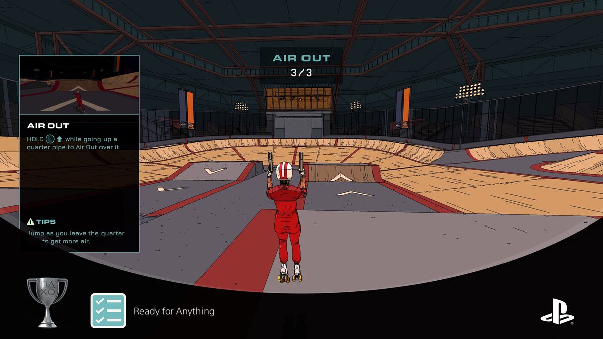 A person on roller skates in a red boilersuit holding guns while looking at a skate course.
