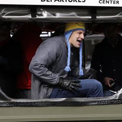 New England Patriots tight end Rob Gronkowski rides by during a parade in Boston Wednesday, Feb. 4, 2015, to honor the Patriots' victory over the Seattle Seahawks in Super Bowl XLIX Sunday in Glendale, Ariz. 