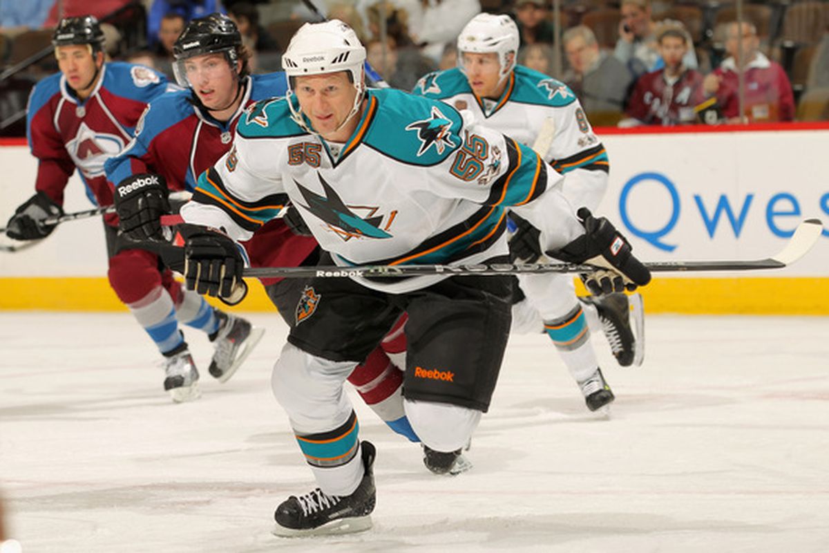 Worcester Sharks captain Mike Moore in action for San Jose on November 17, 2010, in Denver, Colorado.  Moore scored his first career NHL goal in the Sharks' 4-3 overtime loss to the Avalanche.