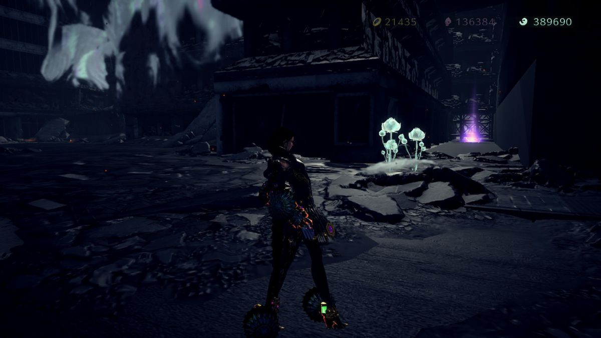Bayonetta stands in a cave near a Broken Moon Pearl and some glowing mushrooms.