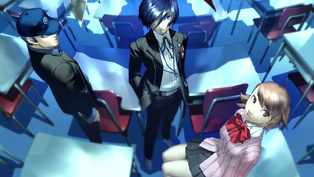 Persona 3 Portable’s male protagonist stands with students Junpei Iori and Yukari Takeda in a blue tinted classroom, as seen from a slightly overhead view.