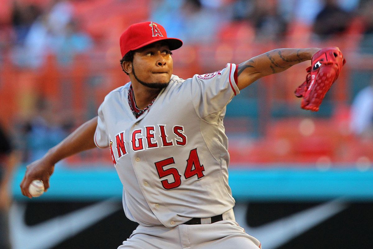 MIAMI GARDENS, FL - JUNE 21:  Ervin Santana #54 of the Los Angeles Angels of Anaheim pitches during a game against the Florida Marlins at Sun Life Stadium on June 21, 2011 in Miami Gardens, Florida.  (Photo by Mike Ehrmann/Getty Images)