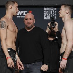 James Vick and Joseph Duffy square off at UFC 217 weigh-ins.
