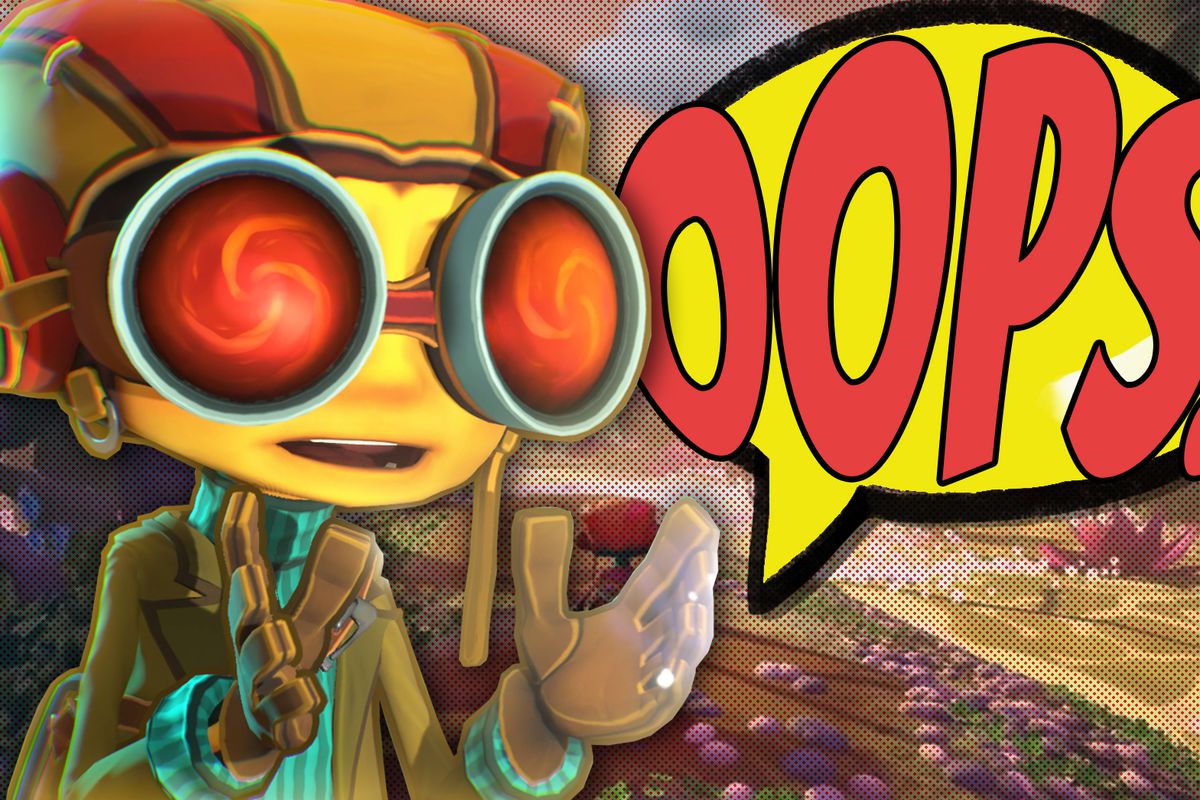 Raz from Psychonauts 2, a young boy with big red goggles, stands with his hands up. A big yellow speech bubble with text that reads “OOPS” is behind him.