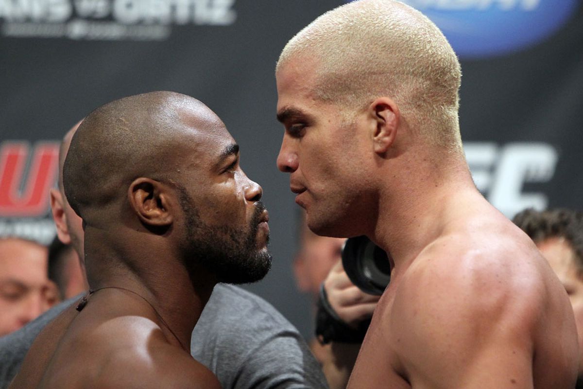 Rashad Evans and Tito Ortiz staredown from the UFC 133 weigh-in. <em>Photo by Josh Hedges/Zuffa LLC/Zuffa LLC via Getty Images</em>