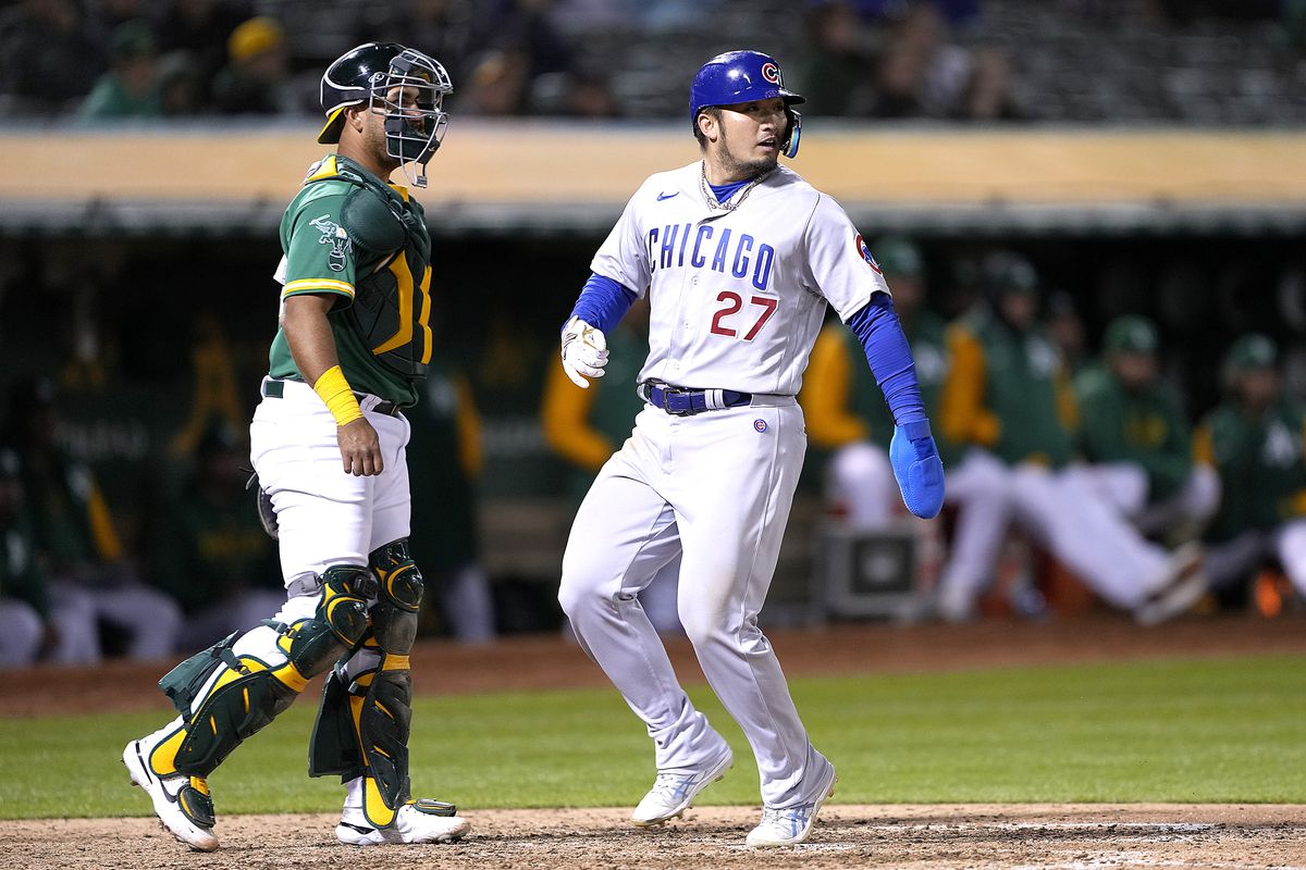 Seiya Suzuki of the Chicago Cubs scores against the Oakland Athletics in the top of the eight inning at RingCentral Coliseum on April 18, 2023 in Oakland, California.