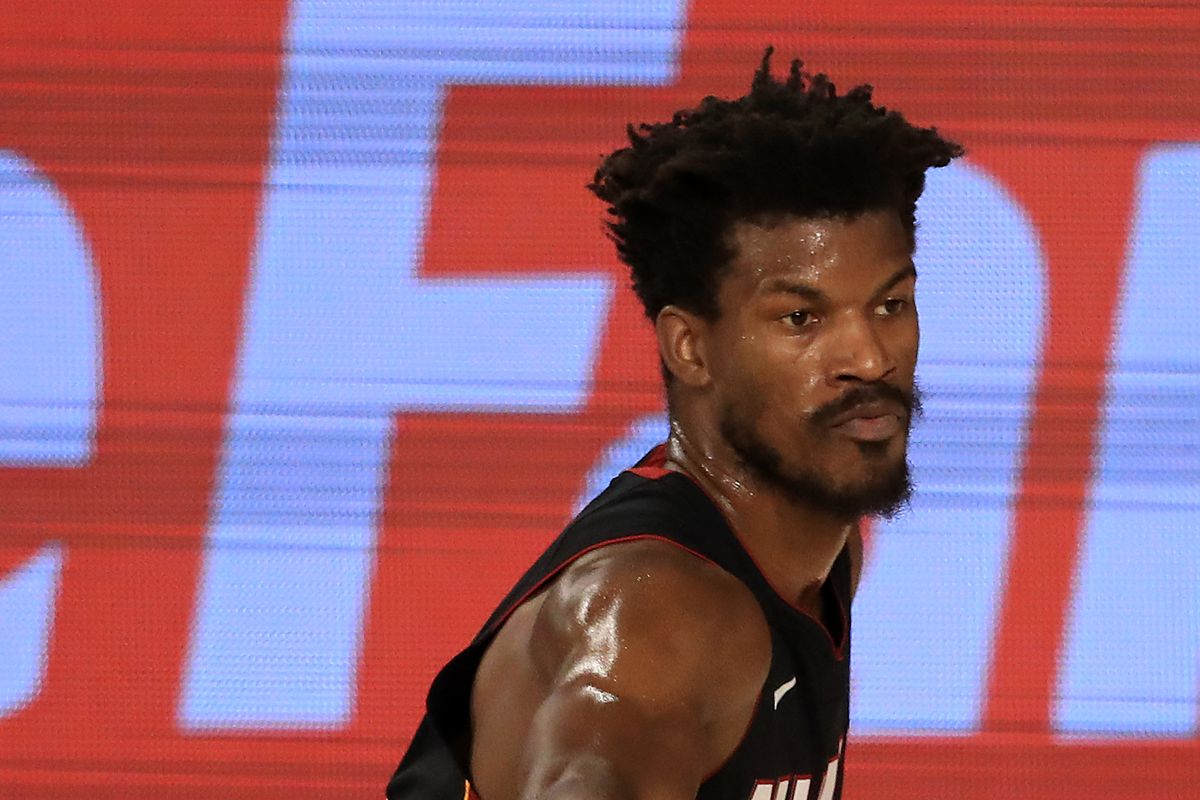 Jimmy Butler of the Miami Heat handles the ball during the second quarter against the Milwaukee Bucks in Game Five of the Eastern Conference Second Round during the 2020 NBA Playoffs at The Field House at the ESPN Wide World Of Sports Complex on September 08, 2020 in Lake Buena Vista, Florida.
