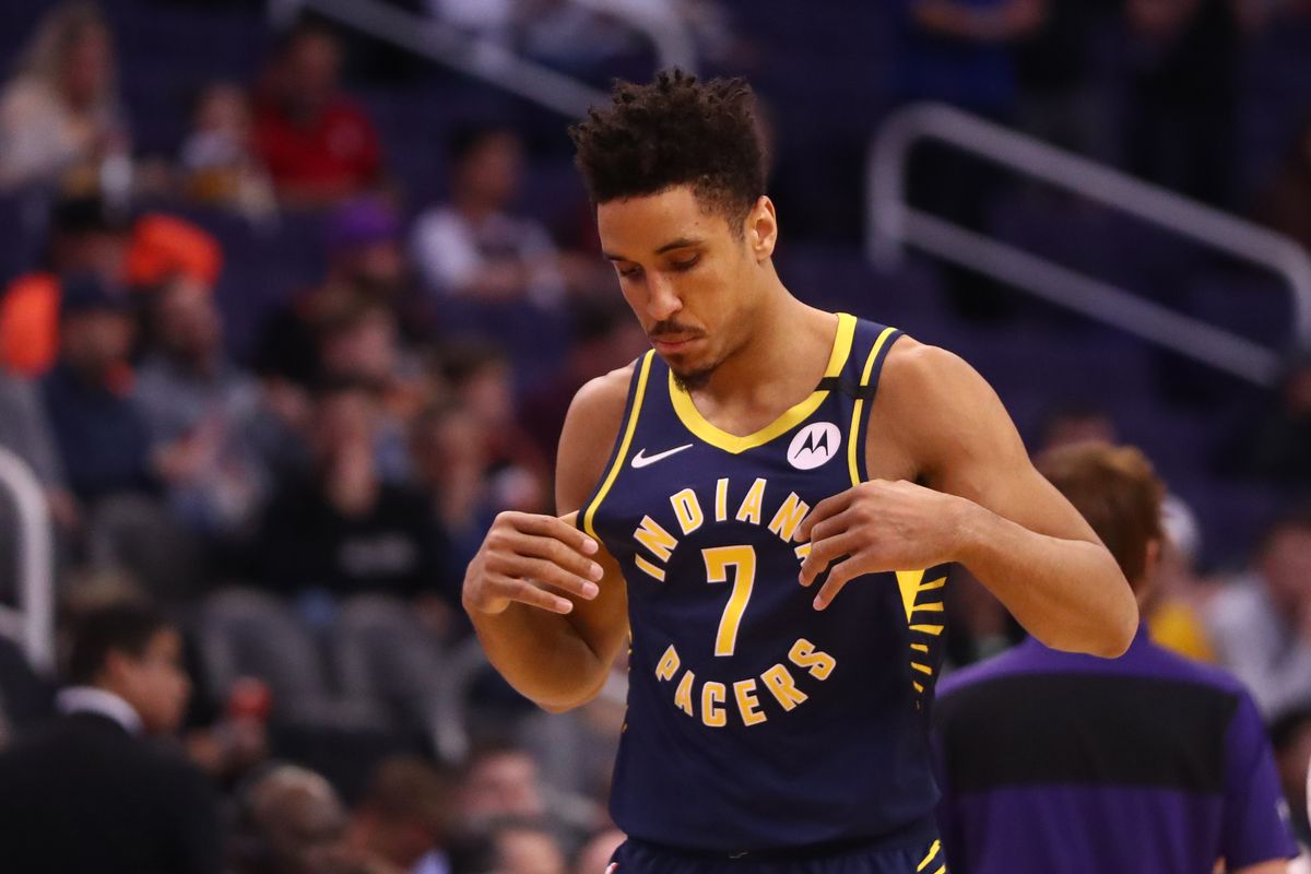 Indiana Pacers guard Malcolm Brogdon reacts against the Phoenix Suns in the first half at Talking Stick Resort Arena.