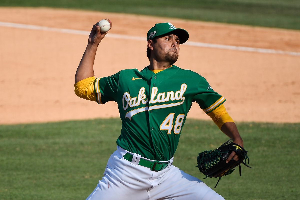 Oakland Athletics relief pitcher Joakim Soria pitches against the Houston Astros during the eighth inning in game two of the 2020 ALDS at Dodger Stadium.