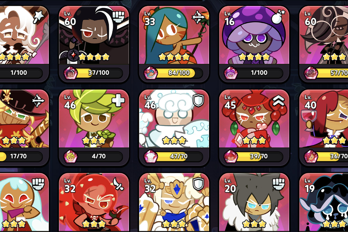 A grid view of many Epic-tier cookies in Cookie Run: Kingdom