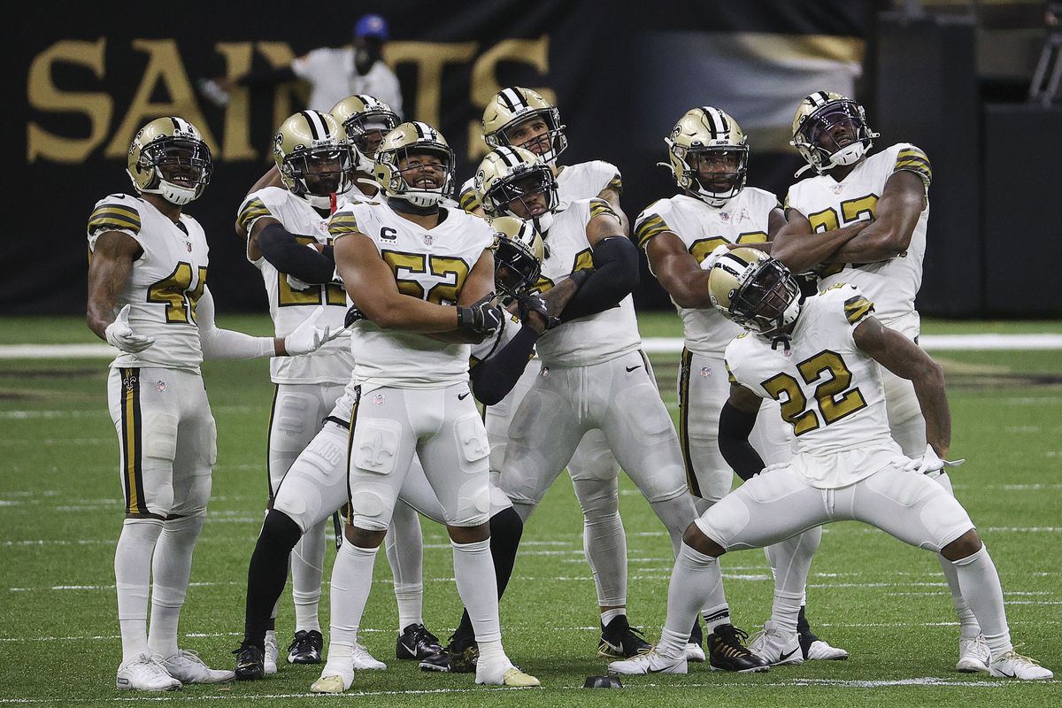 &nbsp;The New Orleans Saints defense poses for a camera during the fourth quarter against the Minnesota Vikings at Mercedes-Benz Superdome on December 25, 2020 in New Orleans, Louisiana.