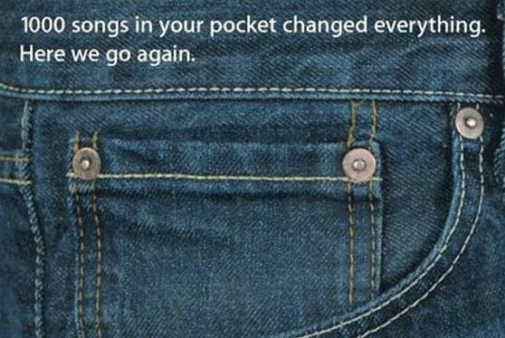 A close up on the coin pocket on a pair of blue jeans, with the text “1000 songs in your pocket changed everything. Here we go again.”