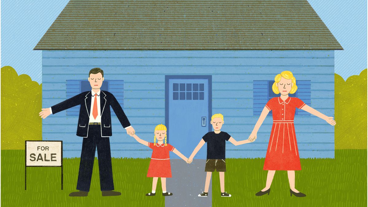 A 1950s-styled white family stands hand-in-hand in front of a blue single family home. The home has a ‘For Sale’ sign out front but they stand as if they are protecting it. Illustration