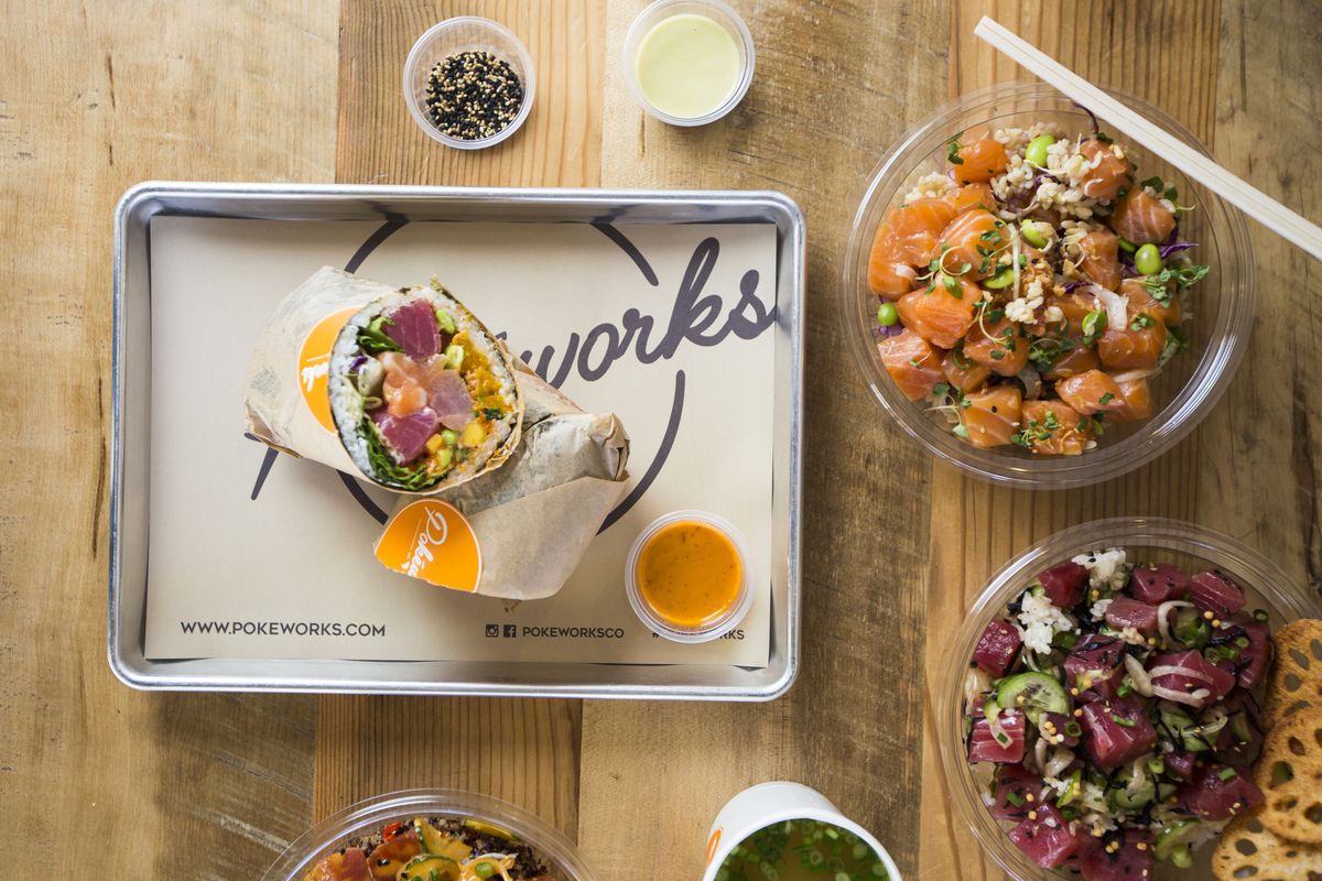 A sushi burrito and poke bowls from Pokeworks