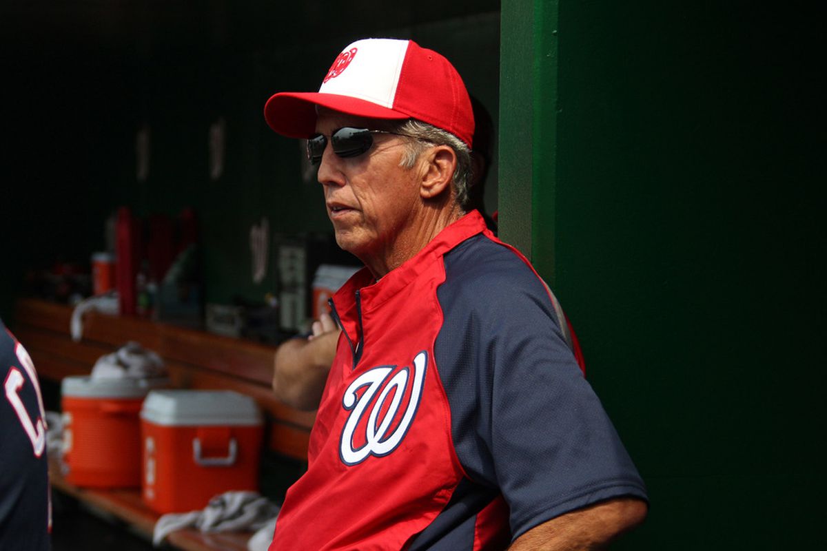 WASHINGTON, DC - JULY 4: Manager Davey Johnson of the Washington Nationals watches the action against the Chicago Cubs at Nationals Park on July 4, 2011 in Washington, DC. (Photo by Ned Dishman/Getty Images)