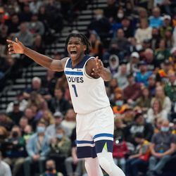 Minnesota Timberwolves forward Anthony Edwards reacts to a foul against the Utah Jazz during an NBA game at Vivint Arena in Salt Lake City on Friday, Dec. 31, 2021.