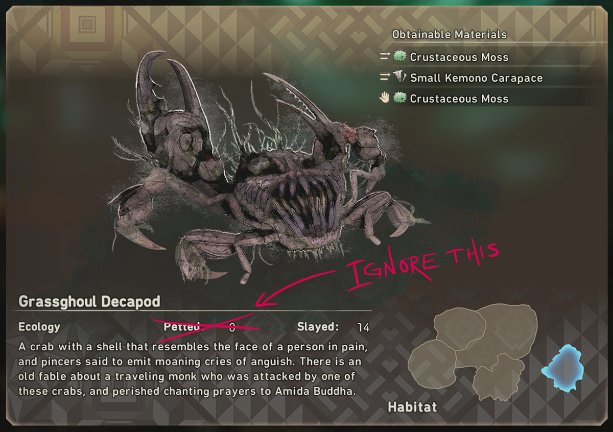 A screenshot of the Grassghoul Decapod entry. The picture and description are not flattering. The words “Petted: 0” are crossed out and someone has written “IGNORE THIS” in red text with an arrow pointing to the “Petted” counter.