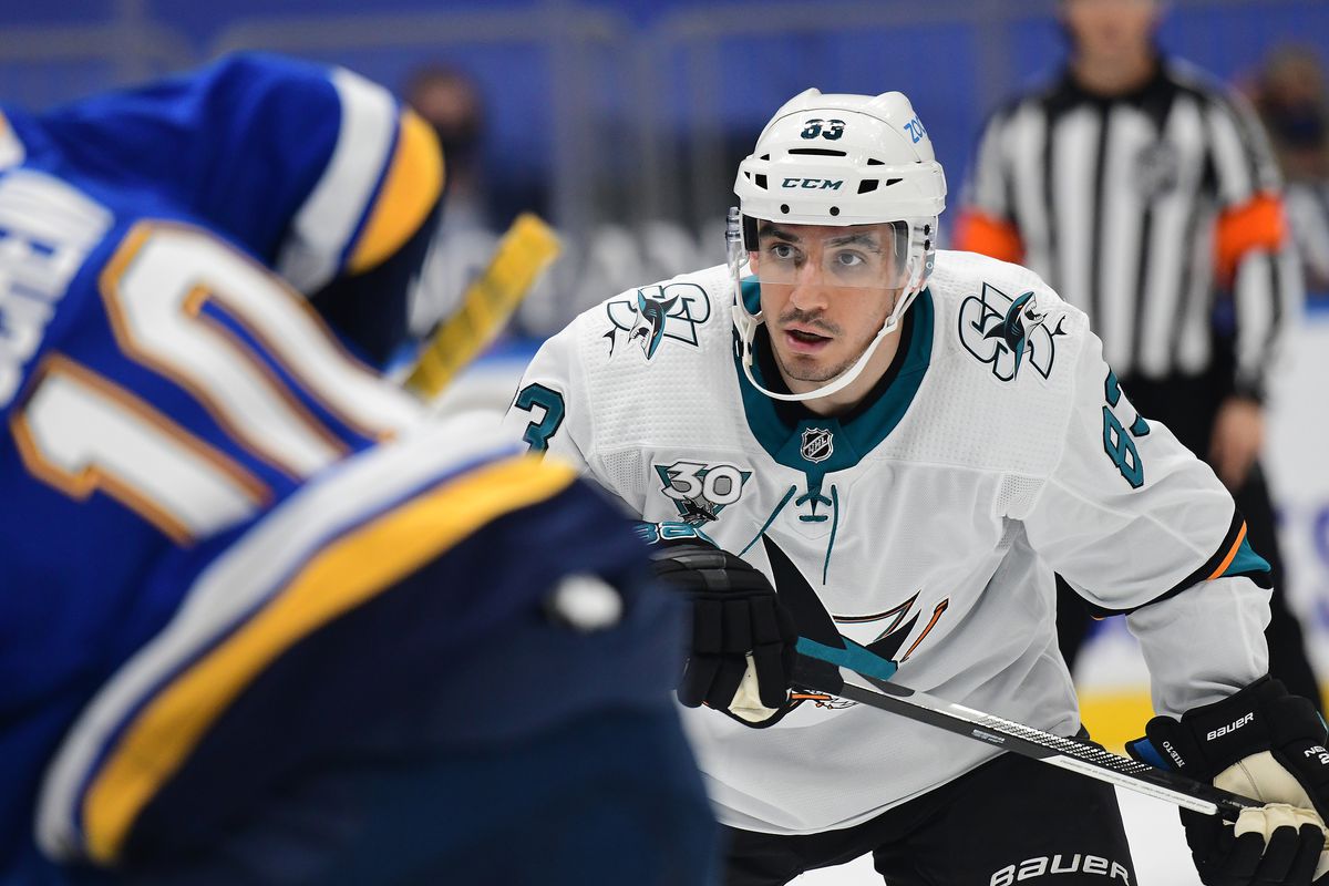San Jose Sharks left wing Matt Nieto (83) during an NHL game between the San Jose Sharks and the St. Louis Blues on January 18, 2021, at Enterprise Center, St. Louis, Mo.