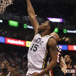 Utah Jazz forward Derrick Favors (15) records two points against Portland Friday, Feb. 20, 2015, at EnergySolutions Arena in Salt Lake City. The Jazz beat the Blazers, 92-76.
