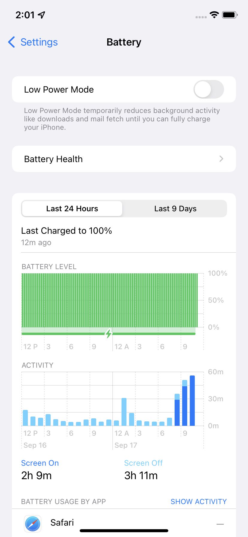 The “Battery” page in your iPhone’s settings has info about your battery usage.