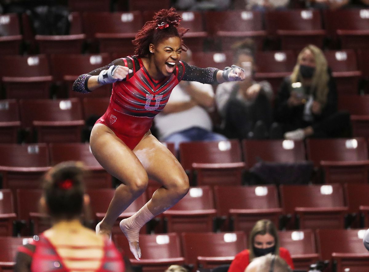 Utah’s Cammy Hall reacts after competing in the vault during the Rio Tinto Best of Utah NCAA gymnastics meet at the Maverik Center in West Valley City on Saturday, Jan. 9, 2021.