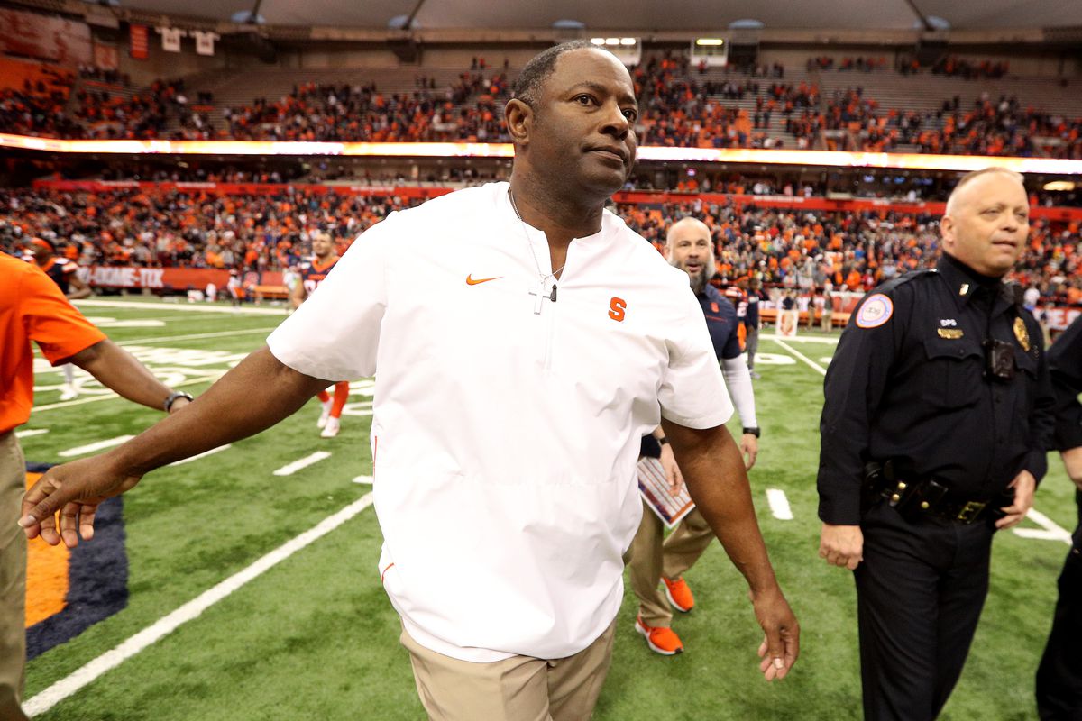 Head Coach Dino Babers of the Syracuse Orange walks off the field after an NCAA football game against the Wake Forest Demon Deacons at the Carrier Dome on November 30, 2019 in Syracuse, New York.