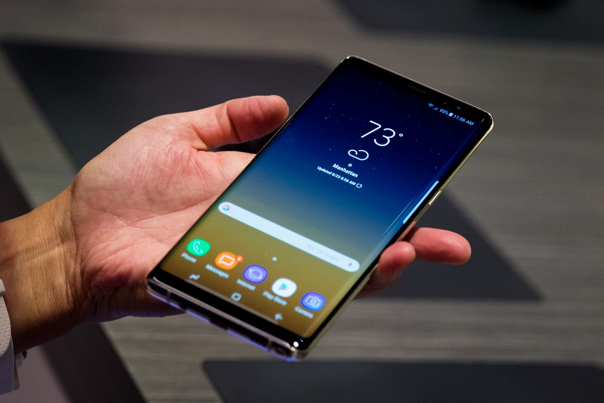 The new Samsung Galaxy Note 8 smartphone covers most of the hand holding it.