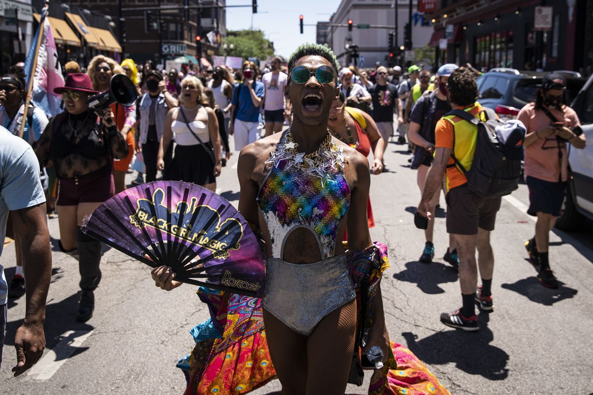 Chicago drag performer The Vixen, who competed on season 10 of “RuPaul’s Drag Race,” marches Sunday afternoon in the second annual Drag March for Change on North Halsted Street near Belmont Avenue on the North Side.