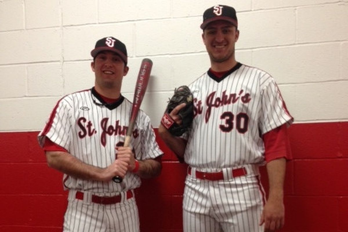 Jimmy Brennan (L) and Sean Hagan (R) sport new Red Storm uniforms used against Stony Brook Tuesday at Citi Field