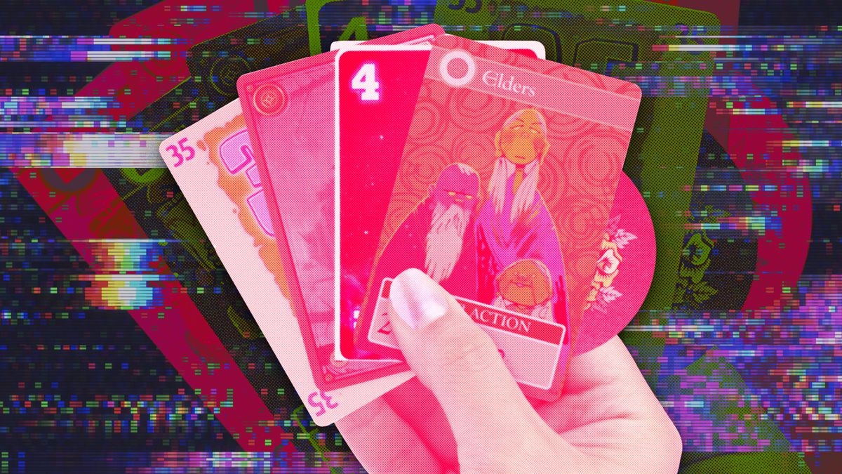 Illustration of a hand holding a variety of gaming cards
