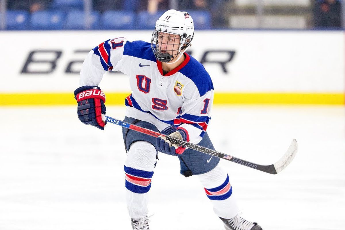 Trevor Zegras skates in action for Team USA at the U18 Five Nations 2019
