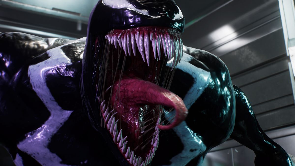 Venom screams at the camera in Spider-Man 2