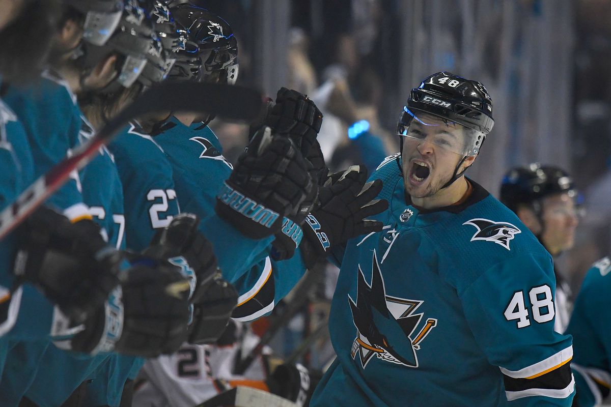 SAN JOSE, CA - APRIL 18: Tomas Hertl #48 of the San Jose Sharks is congratulated by teammates after scoring a goal against the Anaheim Ducks during the third period in Game Four of the Western Conference First Round during the 2018 NHL Stanley Cup Playoff