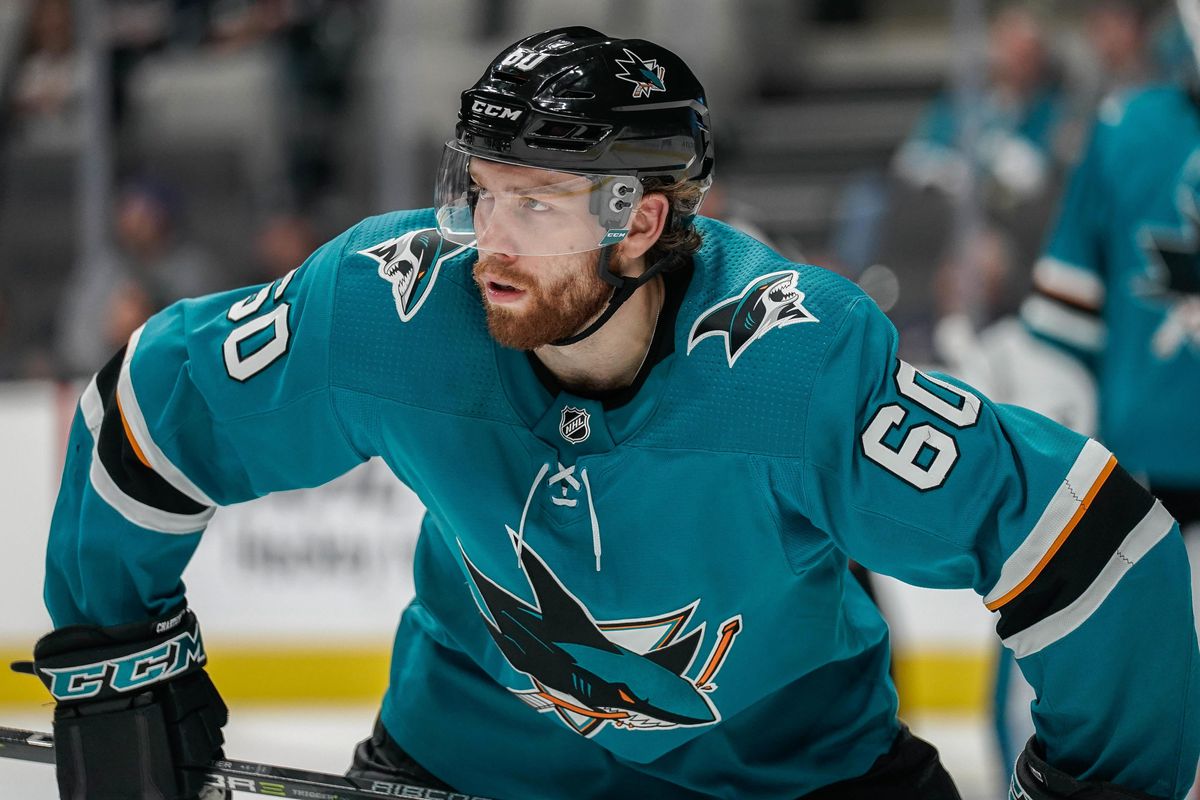 Sep 27, 2018; San Jose, CA, USA; San Jose Sharks center Rourke Chartier (60) prepares for the next play against the Calgary Flames during the third period at SAP Center at San Jose.