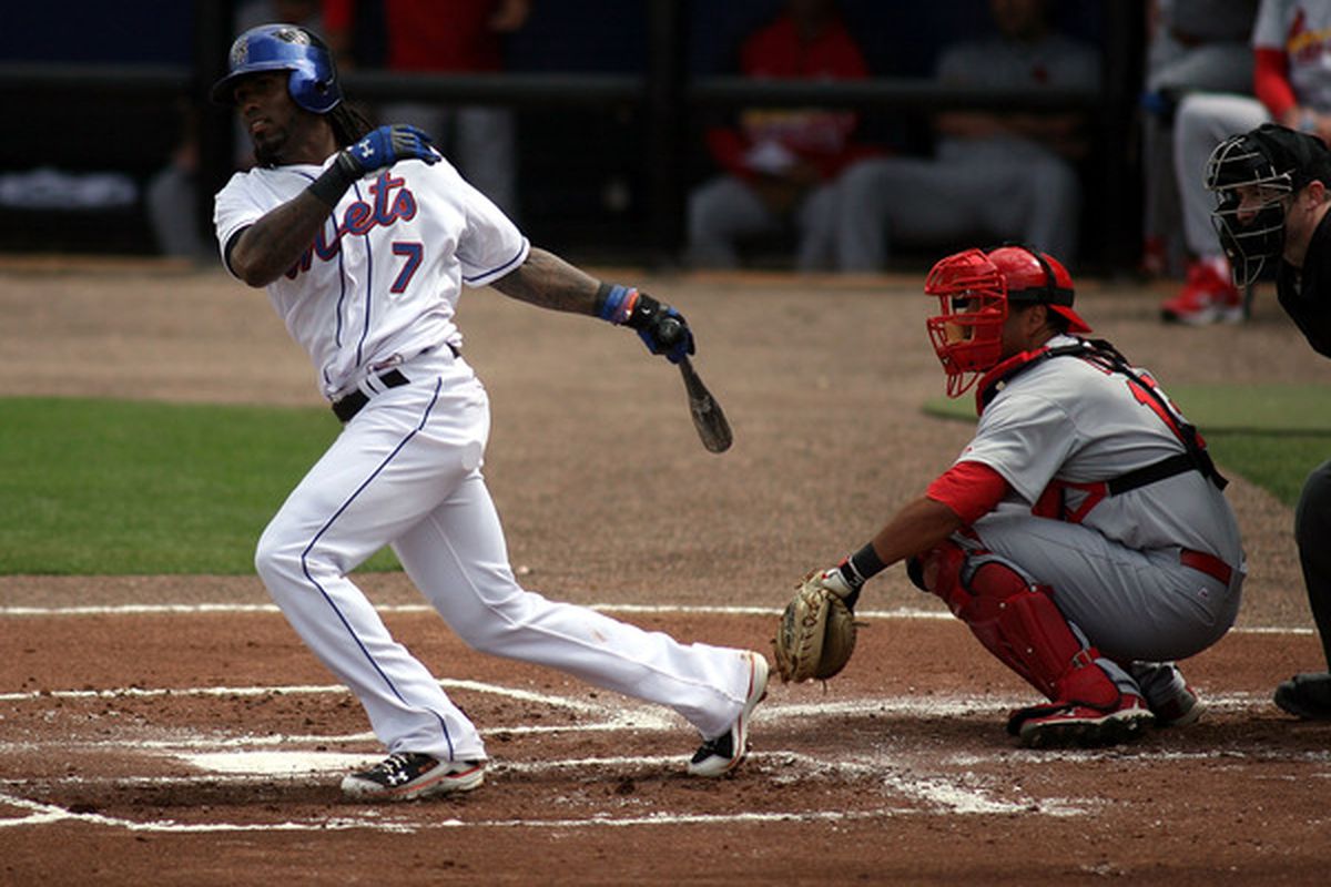 PORT ST. LUCIE, FL - MARCH 03:  Shortstop Jose Reyes #7 of the New York Mets bats against the St. Louis Cardinals stealing second base at Digital Domain Park on March 3, 2011 in Port St. Lucie, Florida.  (Photo by Marc Serota/Getty Images)