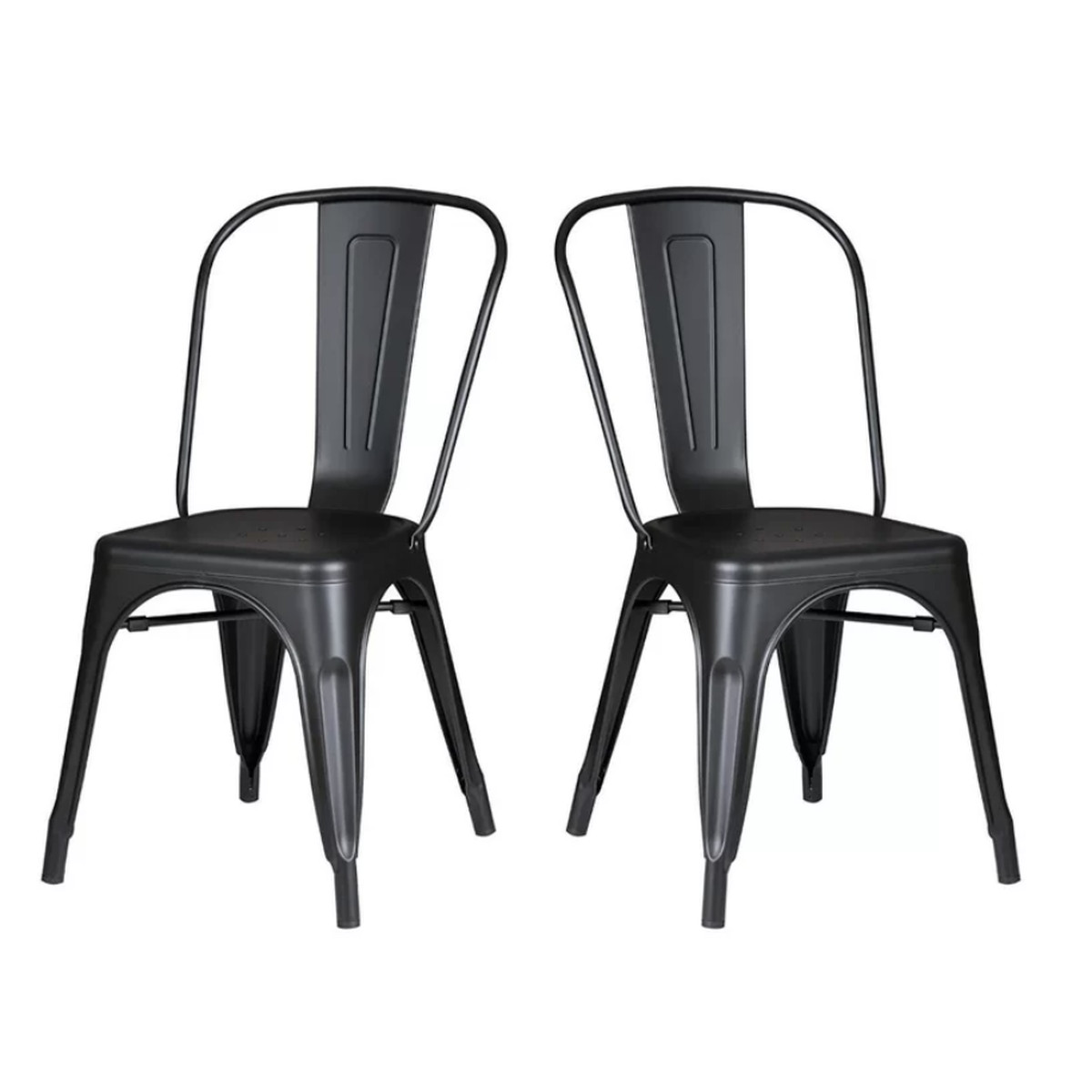 Two matte black chairs with four legs.  