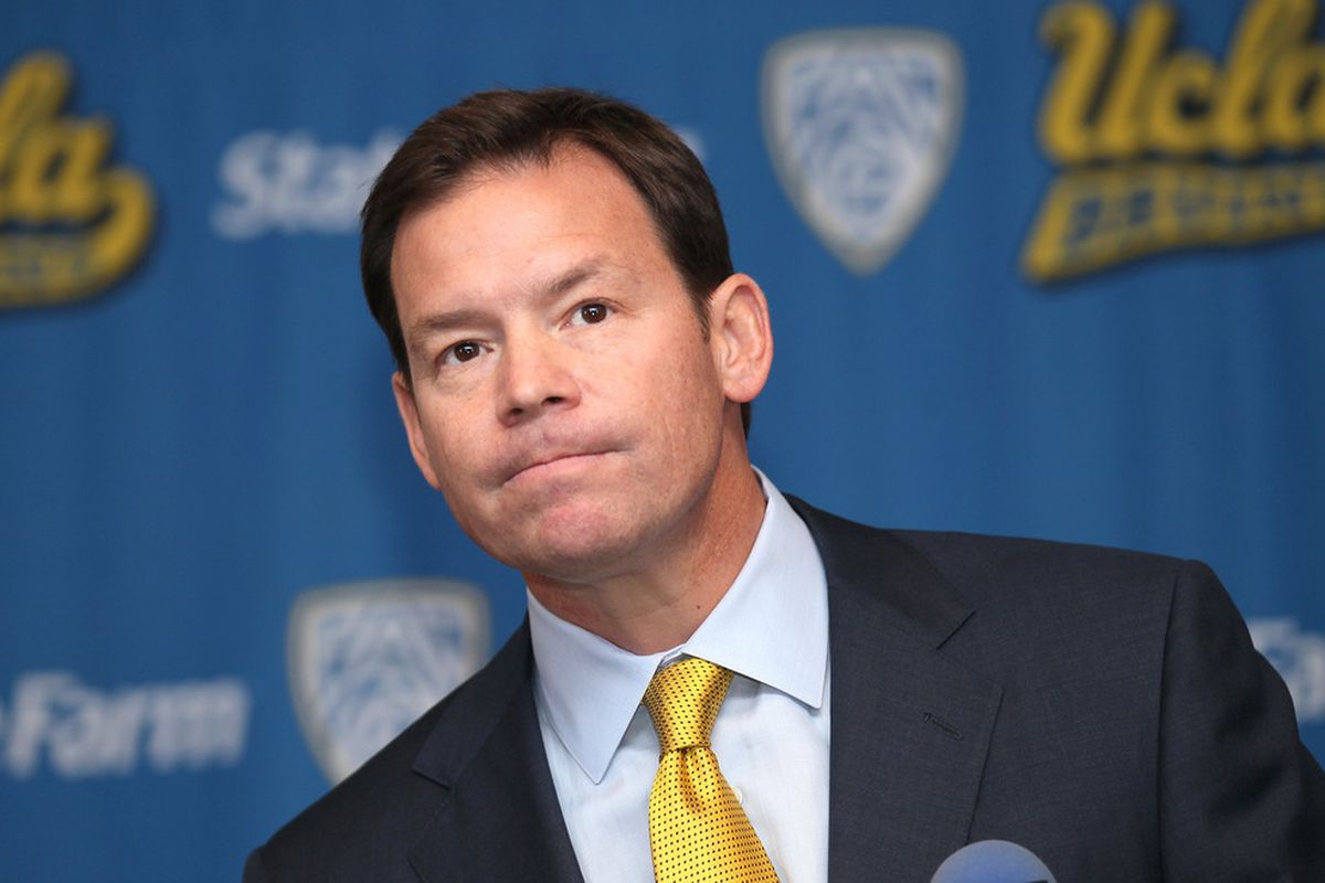 LOS ANGELES, CA - DECEMBER 13:  Jim Mora is keeping an eye on Lear Pilot's poll, how concerned are Husky fans with his UCLA football team? (Photo by Stephen Dunn/Getty Images)