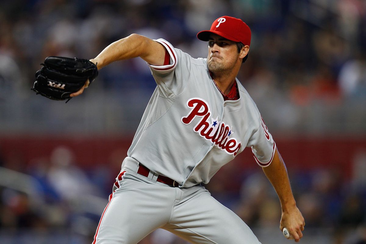 MIAMI, FL - JUNE 30:  Cole Hamels #35 of the Philadelphia Phillies pitches during a game against the Miami Marlins at Marlins Park on June 30, 2012 in Miami, Florida.  (Photo by Sarah Glenn/Getty Images)