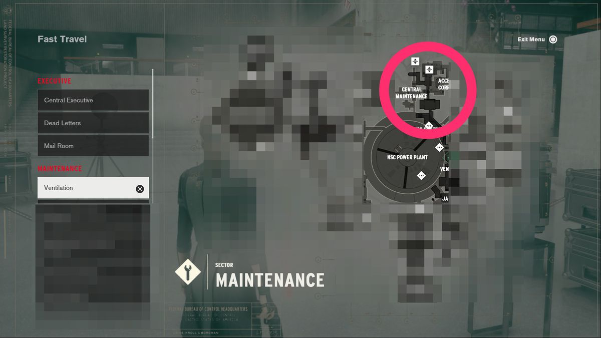 a screenshot of the map of the Maintenance sector in Control, with much of the map pixelated to block out potential spoilers