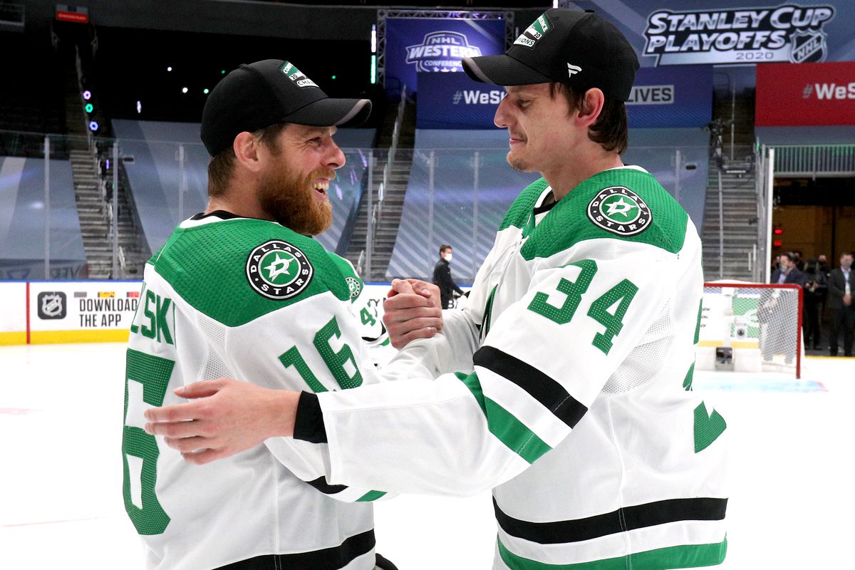 Denis Gurianov #34 and Joe Pavelski #16 of the Dallas Stars shake hands after the Stars 3-2 overtime win in Game 5 of the Western Conference Final of the 2020 NHL Stanley Cup Playoffs between the Dallas Stars and the Vegas Golden Knights at Rogers Place on September 14, 2020 in Edmonton, Alberta.