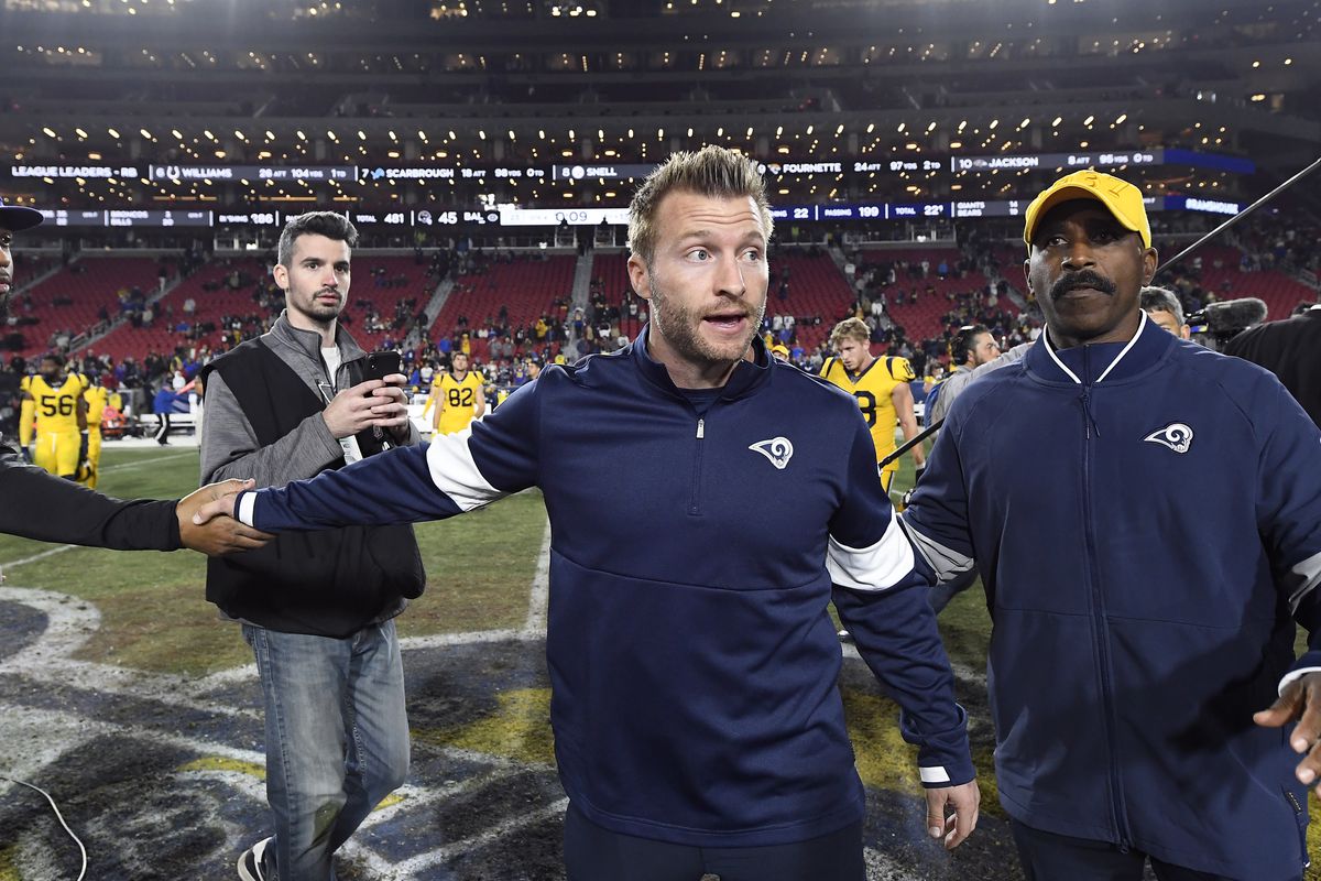 Los Angeles Rams HC Sean McVay walks off the field after losing to the Baltimore Ravens in Week 12, Nov. 25, 2019.